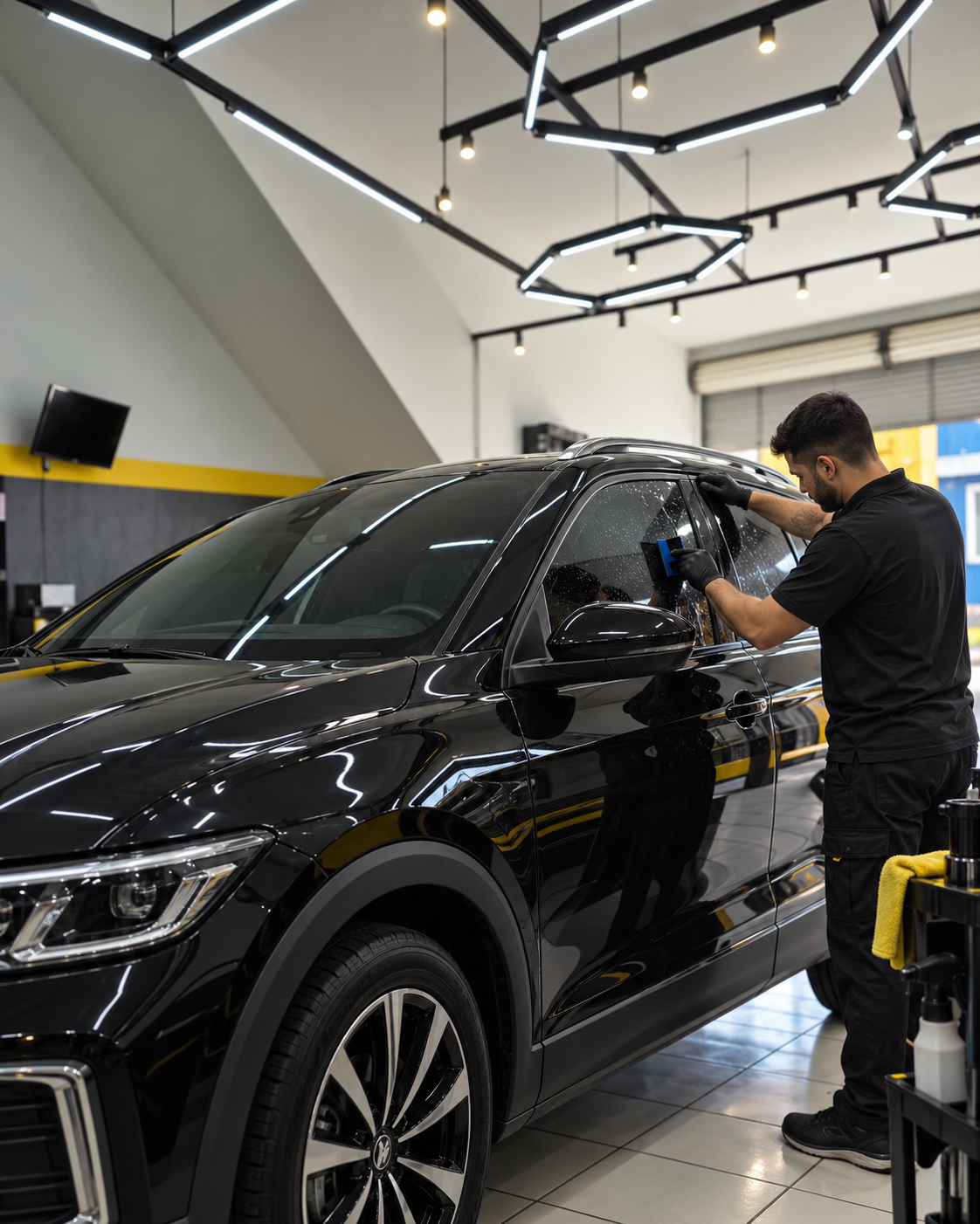 Aplicação de película automotiva em veículo dentro do estúdio